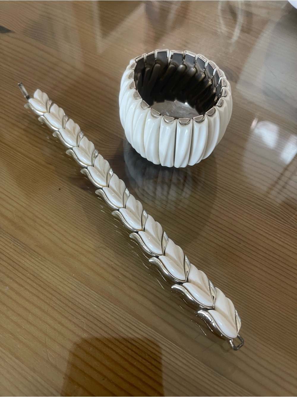 Vintage White Leaf Bracelet and Cuff Set in a zip close travel jewelry box